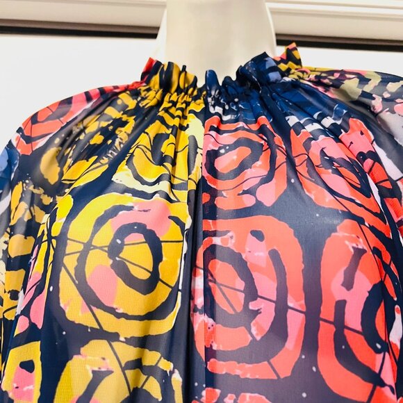 Bijelly Couture Long Maxi Dress-Large-Sheer-Ruffles-High Neck-Geometric-Colorful - Picture 3 of 15